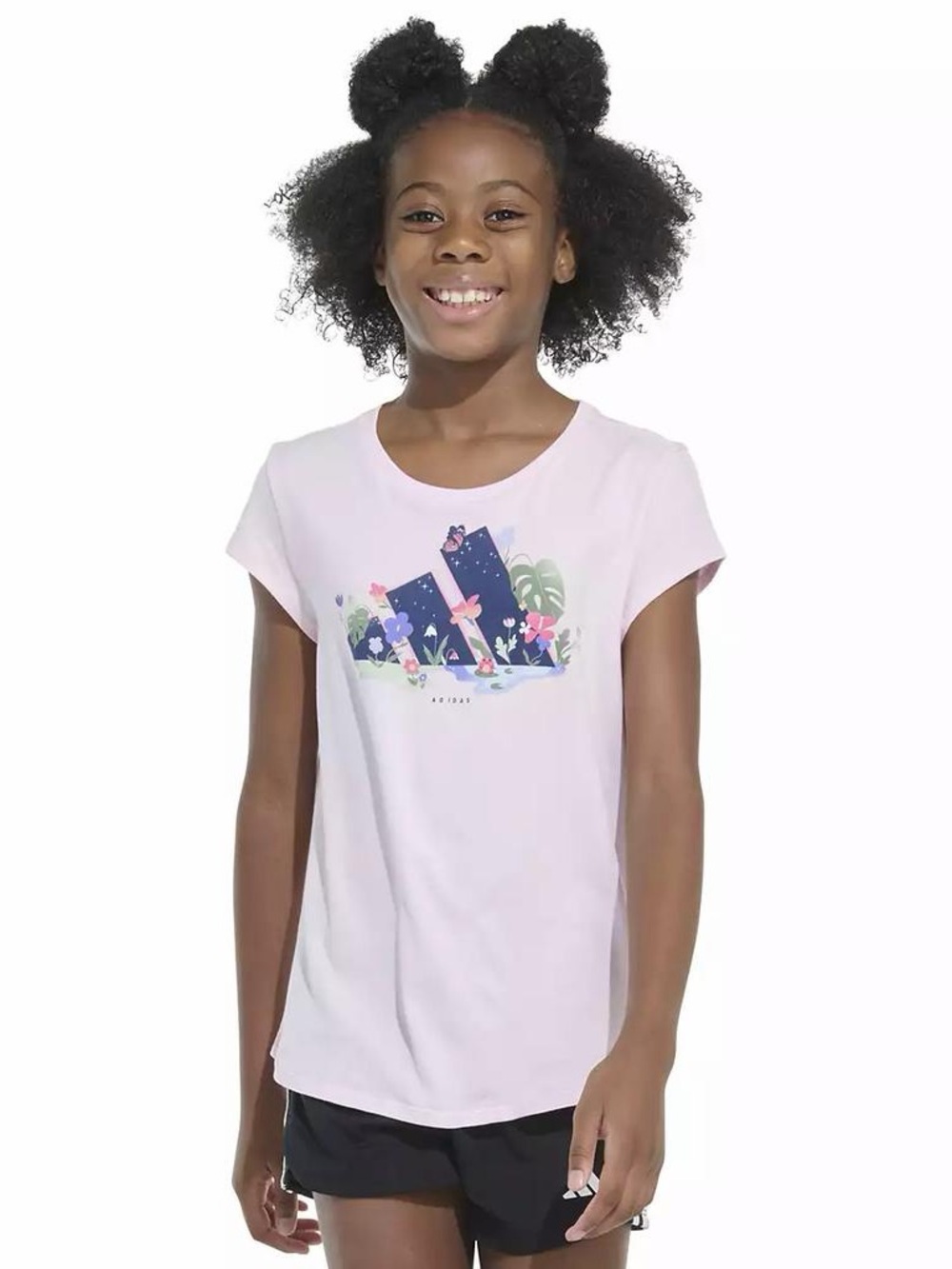 Girls Adidas Light Pink Graphic Tee with Navy Floral Logo NWOT